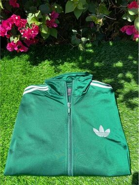 Adidas Green Track Jacket with White Stripes and Trefoil Logo, Size L